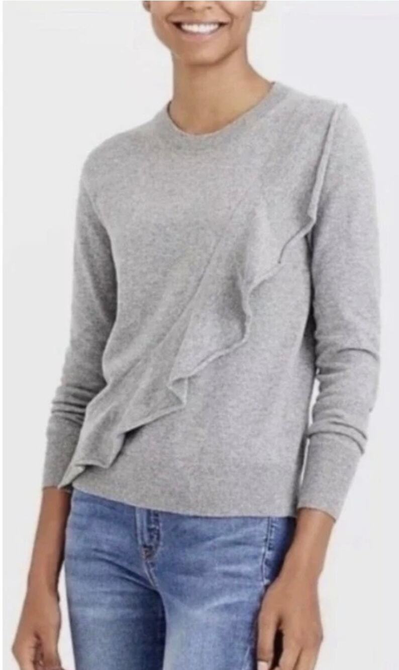 J. Crew Mercantile Gray Wool Blend Asymetrical Ruffle Sweater Size M NEW